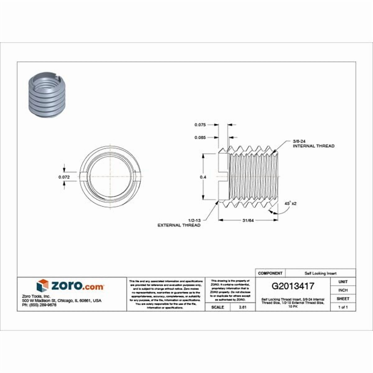 Thin Wall Self Locking Thread Insert, 3/8"-24 Int Thrd Sz, Carbon Steel, 10 PK 319-624-PK10