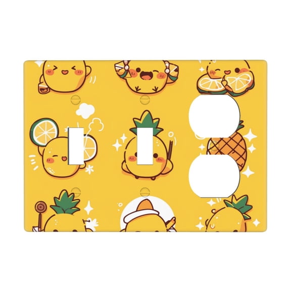 Cute Smiley Pineapple Yellow Switch Cover Decorative Wall Plate 3-Gang 2-Toggle 1-Duplex Standard Size