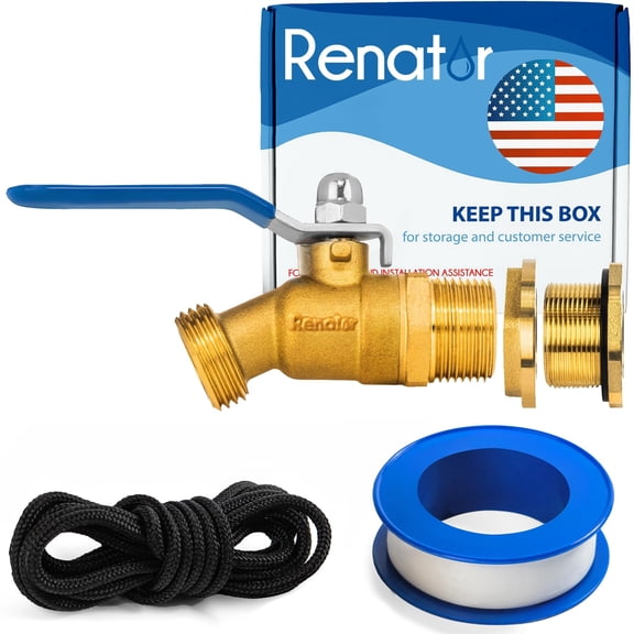 Renator Brass Rain Barrel Spigot Kit. Lead-free Compliant. 3/4 Inch Quarter Turn Ball Valve. Rain Barrel Kit For Any Including 5 55 Gallon Drum Spigot Bucket, with Bulkhead Fitting, Tape