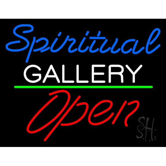 Blue Spritual White Gallery With Open 2 LED Neon Sign 15 x 19 - inches, Black Square Cut Acrylic Backing, with Dimmer - Bright and Premium built indoor LED Neon Sign for art gallery, and exhibition.