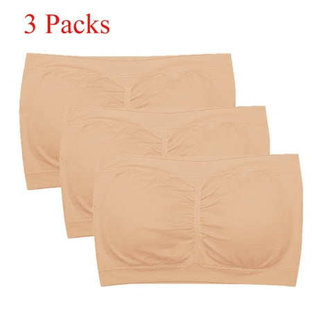 

3PCS Seamless Tube Top Bandeau Stretchable Spandex Bra with Removable Pads Apricot M