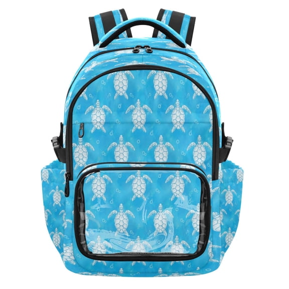 Qxltty Little Turtle Backpack School Bookbag with Clear PVC Front Pocket, Laptop Compartment, Water Resistant Travel Daypack for Students