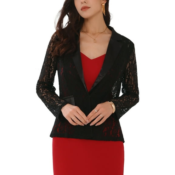 INSPIRE CHIC Women's Floral Lace Blazer Lapel Collar One Button Long Sleeve Casual Blazers 2XL Black