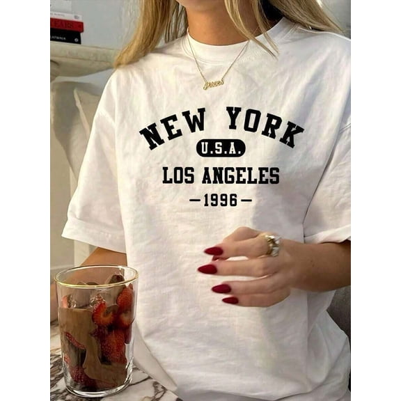 【New Arrival】Women Casual Graphic T-Shirt, New York Los Angeles USA 1996 Vintage Letter Print Loose Crew Neck Retro City Short Sleeve Tee
