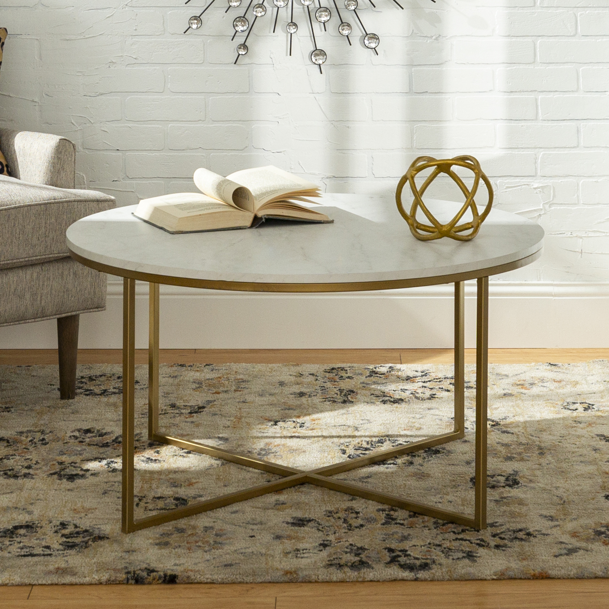 Walker Edison Modern Round Coffee Table, Faux White Marble/Gold - image 2 of 7