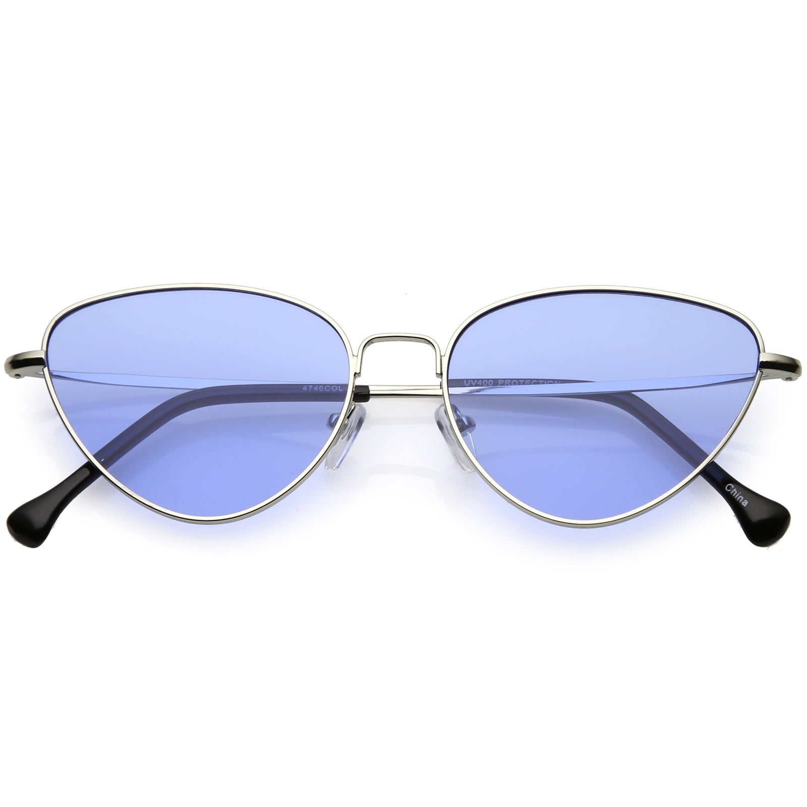 Womens Slim Metal Cat Eye Sunglasses Color Tinted Flat Lens 54mm Silver Blue 