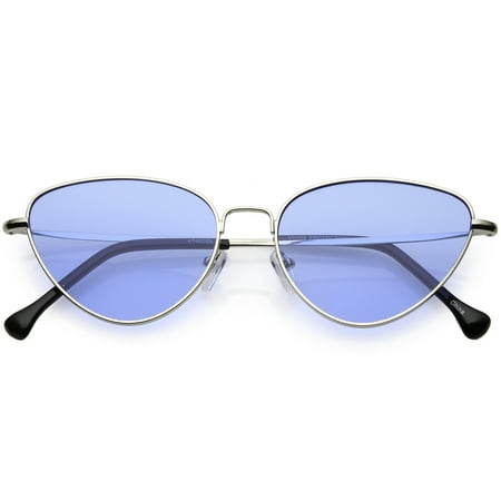 Women's Slim Metal Cat Eye Sunglasses Color Tinted Flat Lens 54mm (Silver / Blue)
