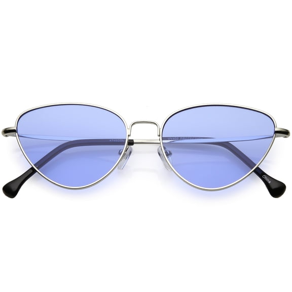 Women's Slim Metal Cat Eye Sunglasses Color Tinted Flat Lens 54mm (Silver / Blue)