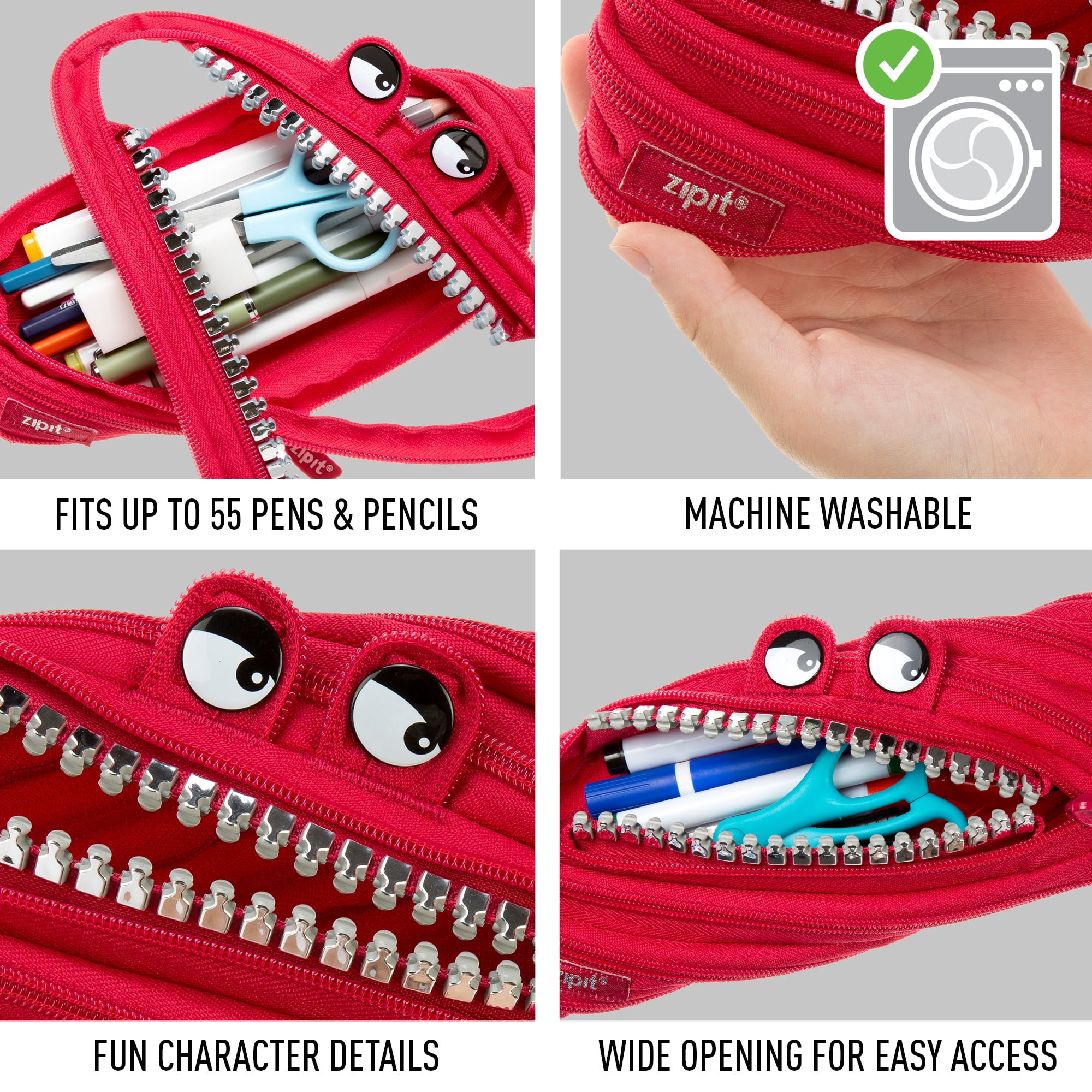 ZIPIT Grillz Pencil Case for Kids, Cute Pencil Pouch for Boys & Girls (Red)