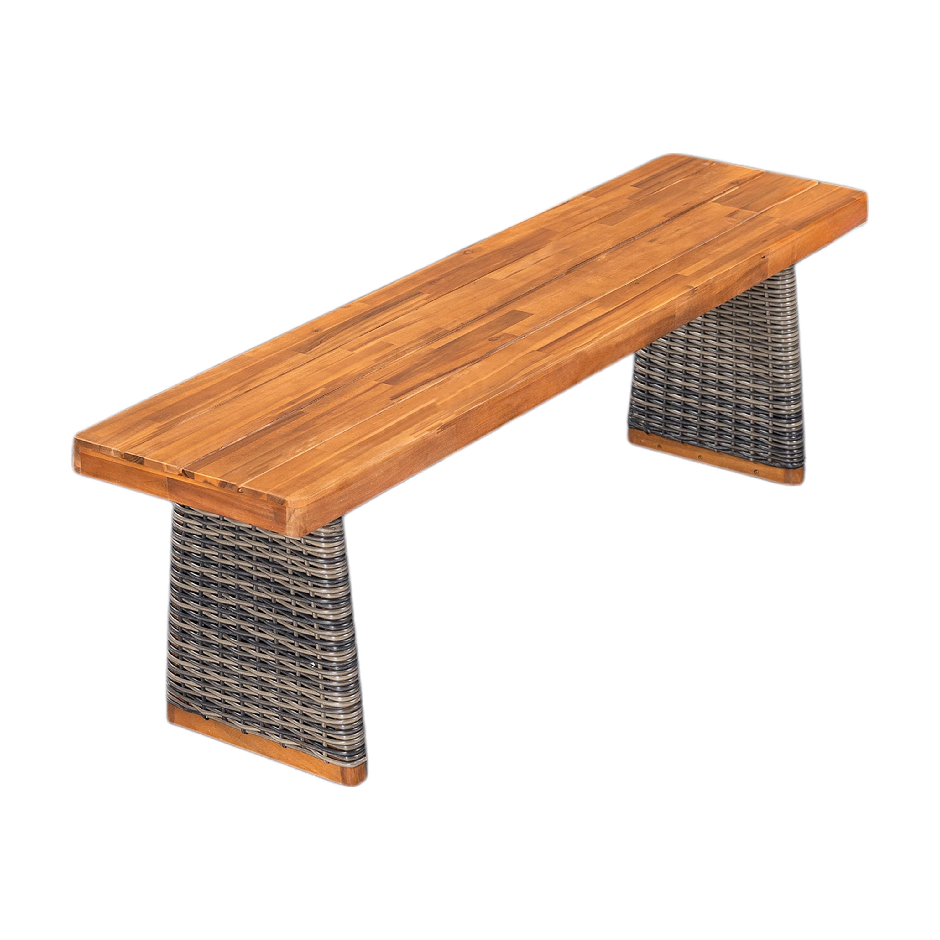 Mintazer 57 " Patio Dining Bench, Outdoor Bench with Hand-Woven PE Rattan Tapered Leg for Balcony Garden Backyard Porch, Natural