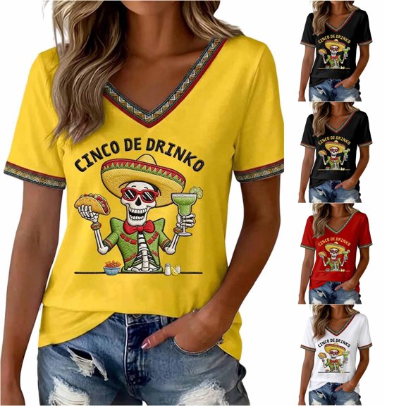 YMNXA Women's T Shirts Linen Short Sleeve V Neck Graphic Skeleton Embroidered Fashion Soft Breathable Tee Top For Casual Daily Wear,Yellow,XXXXL