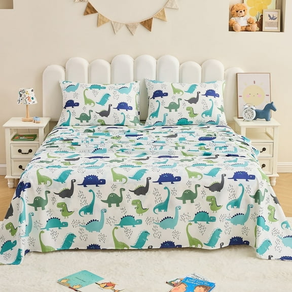 Gogreen 4PC Full Sheet Set Deep Pocket Fit 14", Breathable Microfiber Soft Full Sheet Set Warm Sheets, Luxury Hotel Style Home Decor Full Bed Sheet Set, Gift for Women, Men (Tiny Dinosour, Full)