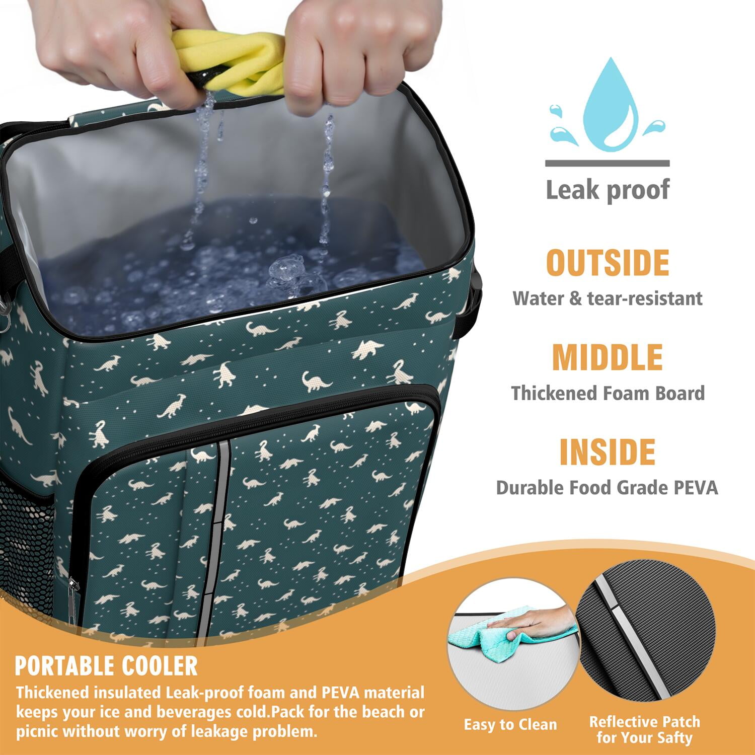 Travel Cooler Bag - DarkGreen Dinosaurs Pattern Camping Beer Cooler Backpack with Bottle Opener- Waterproof Insulated Picnic Backpacks - Cooler Bag for Beach