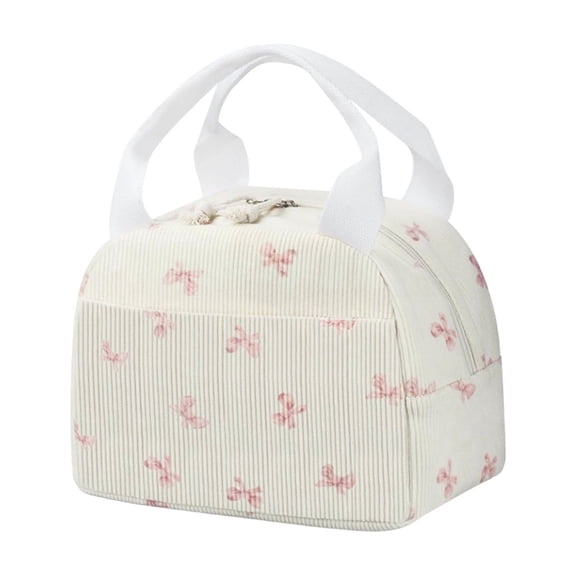 Corduroy Lunch Bag for Women, Cute Pink Bow Printed Insulated Lunch Tote Bag, Reusable Portable Thermal Lunch Box Holder for Work School Picnic