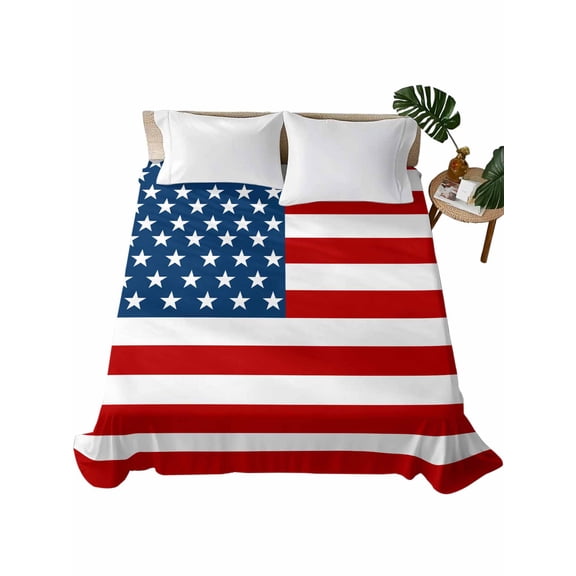 American Flag Flat Sheets Only Full Size, Soft Breathable Bed Top Sheets for Mattress, Blue Red USA Flag Luxury Bedding Flat Sheets for Home Hotel Bedroom Bed Protection