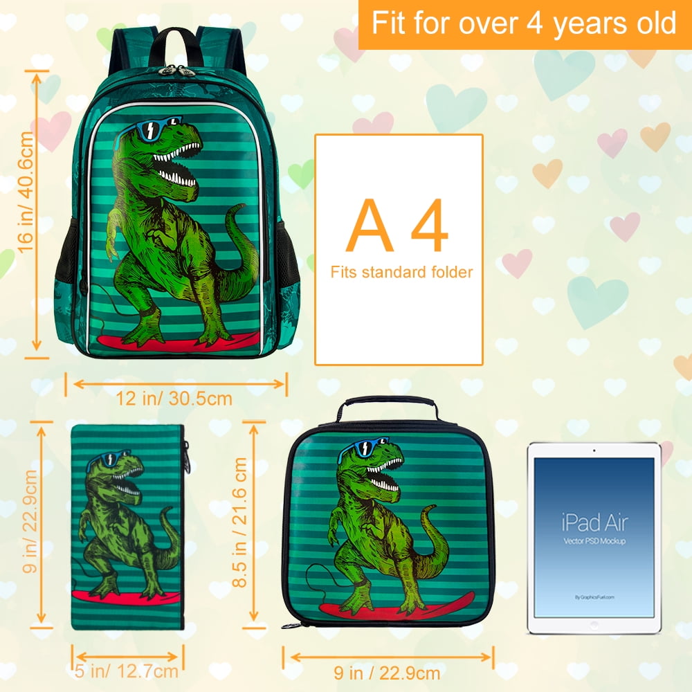 3PCS Dinosaur Backpack for Boys, 16" little Kid Dinosaur Preschool School Bookbag and Lunch Box