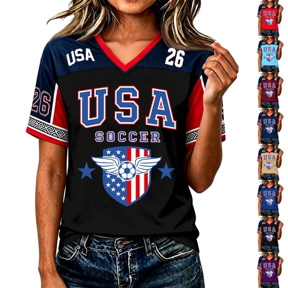 2026 New USA Soccer Jersey Casual Athletic Top for Women, United States Jersey Soccer, Retro Streetwear Football Shirt Short Sleeve V Neck Streetwear Fan Wear for Adult(Black, 2XL)