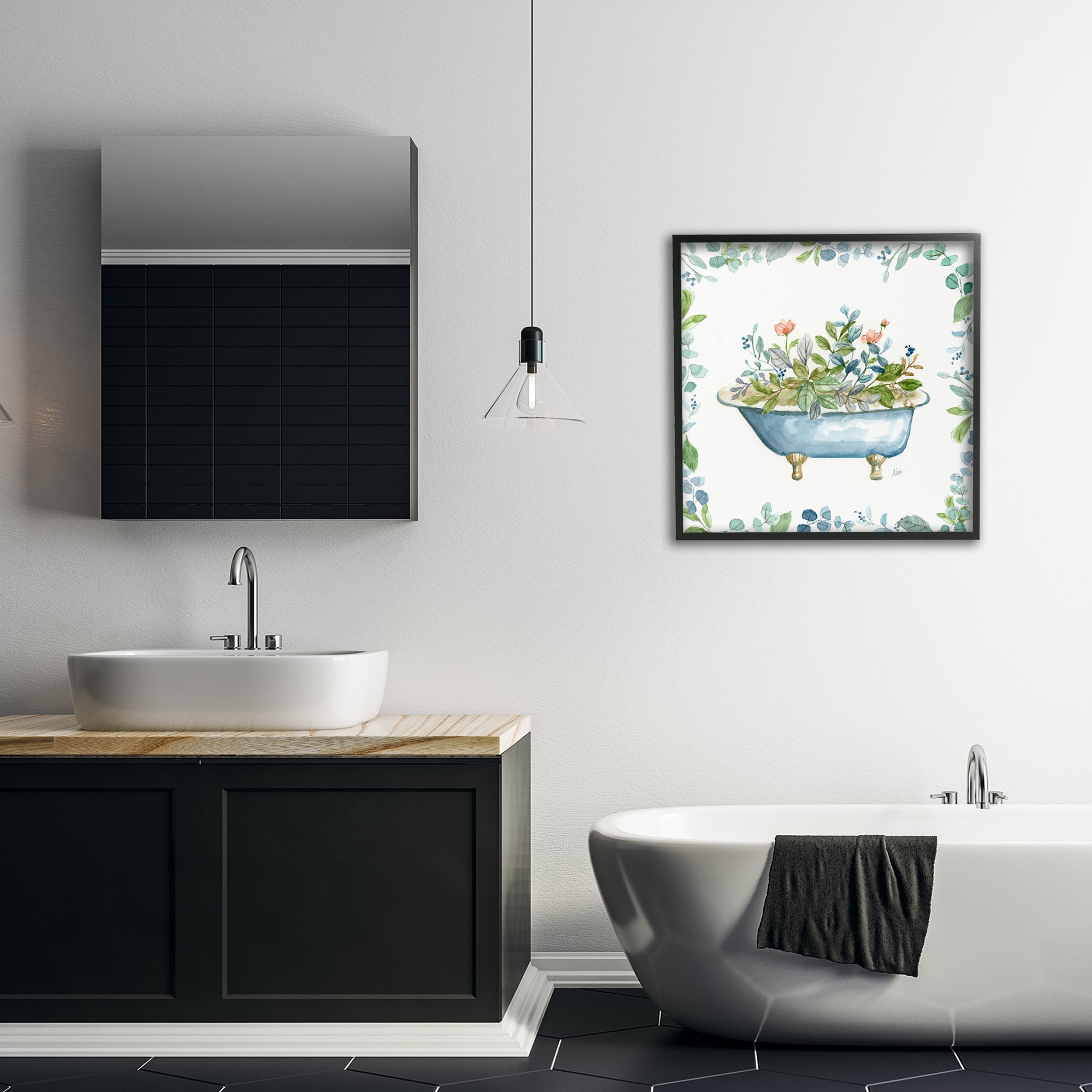 Stupell Industries Botanical Bath Tub Typography Painting Black Framed Art Print Wall Art, 24 x 24