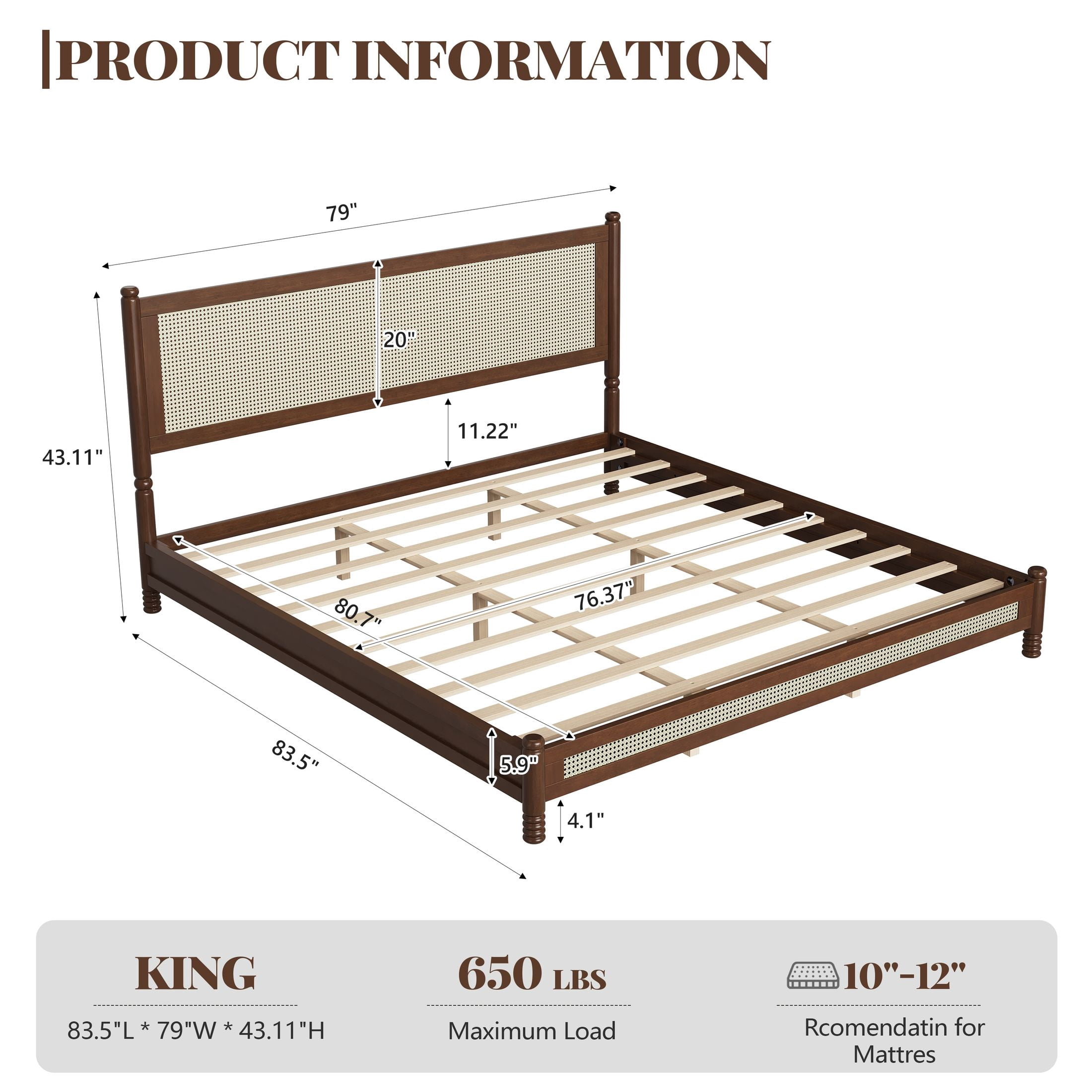 GDF Studio Annes King Size Boho Rattan Platform Bed Frame with Turned Legs, Woven Cane Pine Wood Bed Frame, Walnut