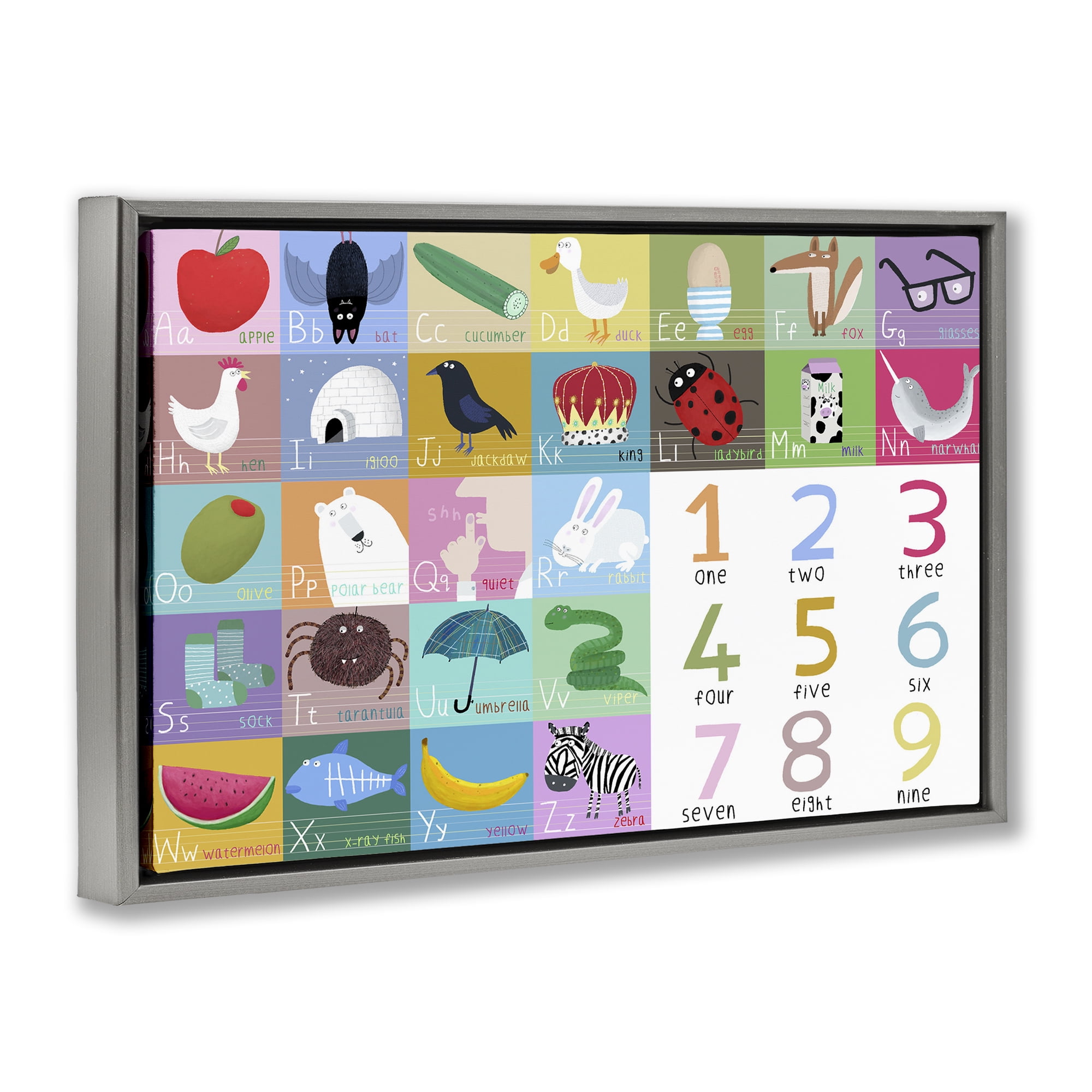 Stupell Industries Alphabet & Numbers First Words Gray Framed Floater Canvas Wall Art, design by Carla Daly