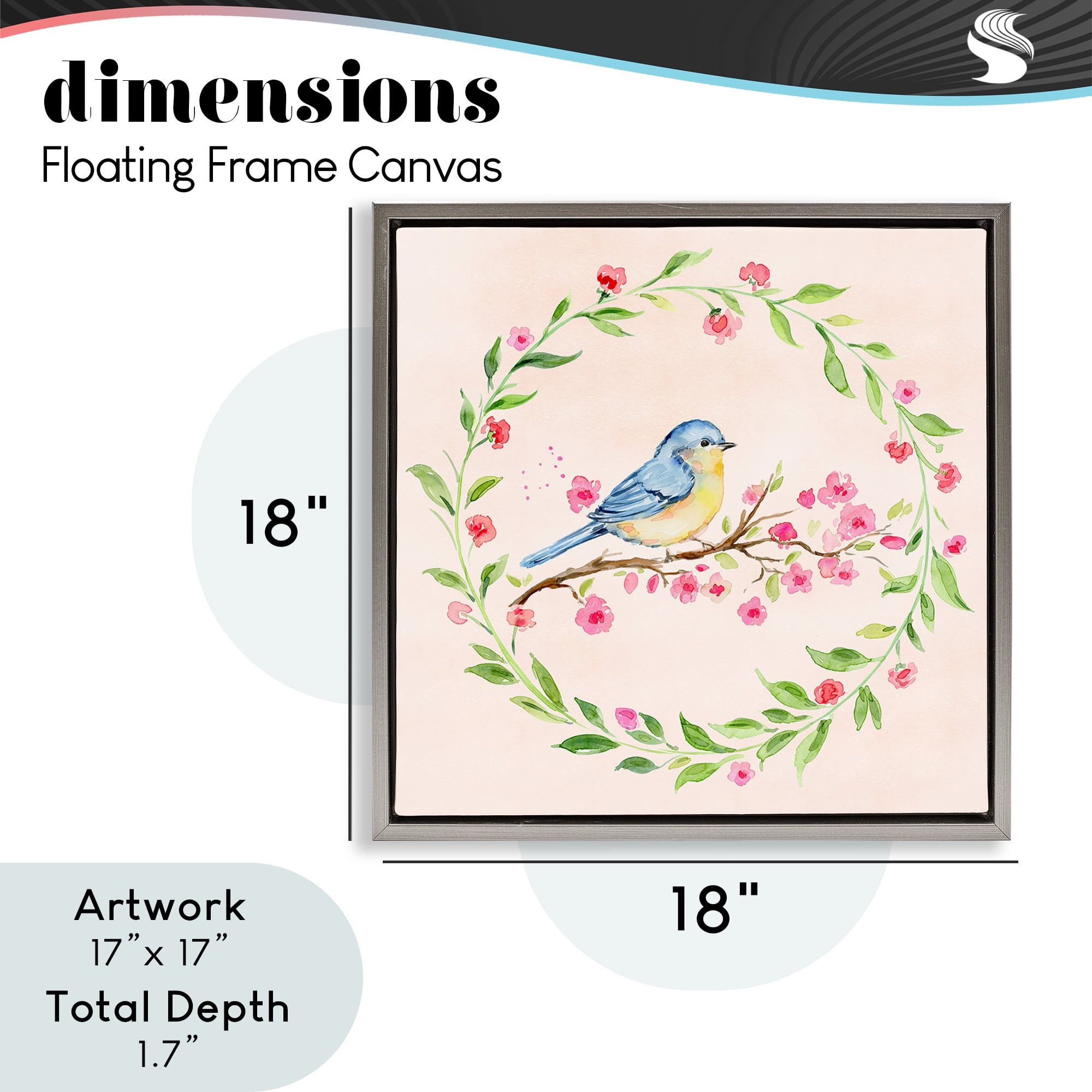 Spring Bird Wreath Perch Gray Framed Floater Canvas Wall Art, design by Elena Fay
