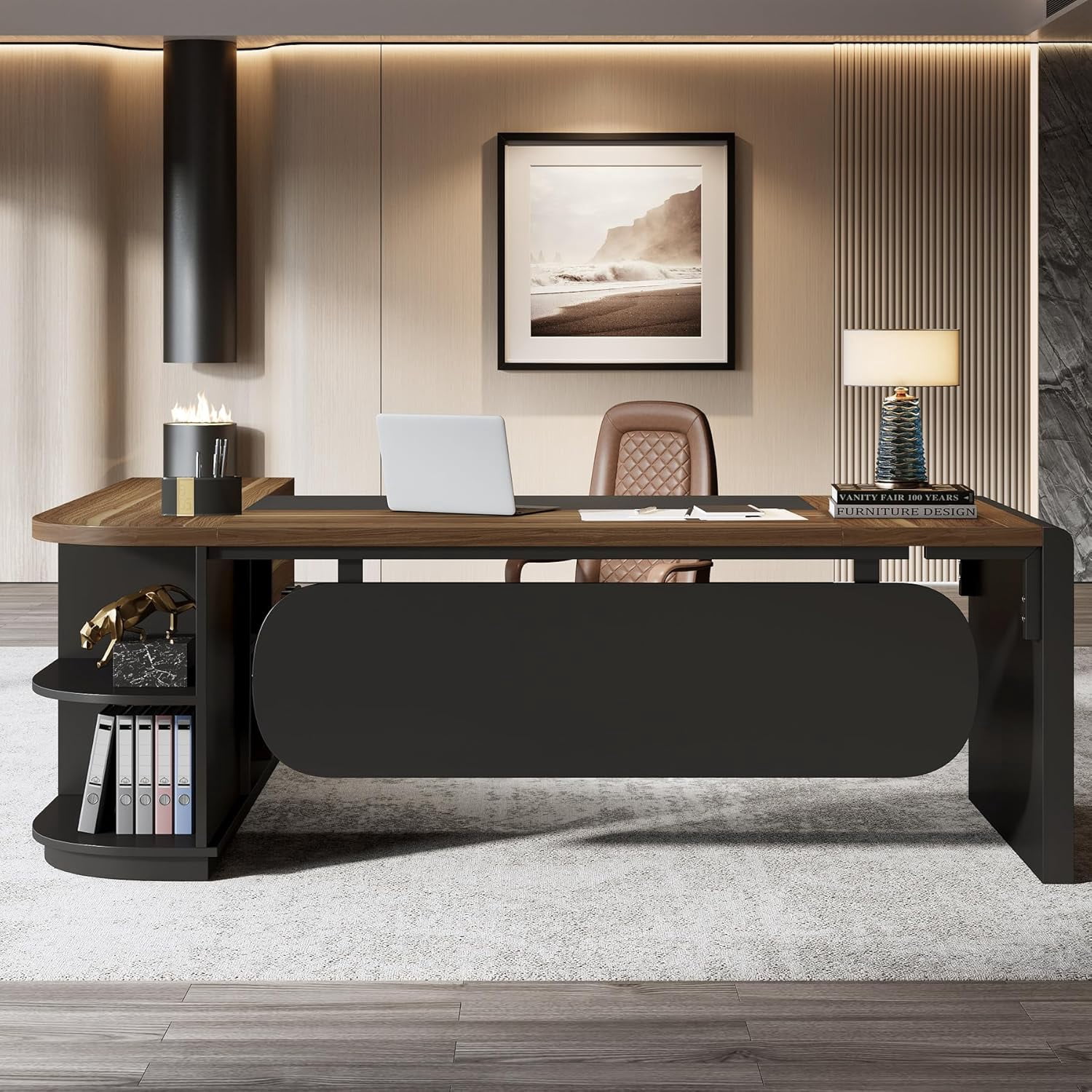 Finmind 80" L-Shaped Desk, Large Executive Office Desk with 55'' Drawers Cabinet