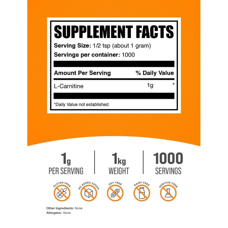 BulkSupplements L-Carnitine Powder - Carnitine Supplement, Amino Acid  Supplement - Unflavored, 1g per Serving, 1kg (2.2 lbs) - Walmart.com