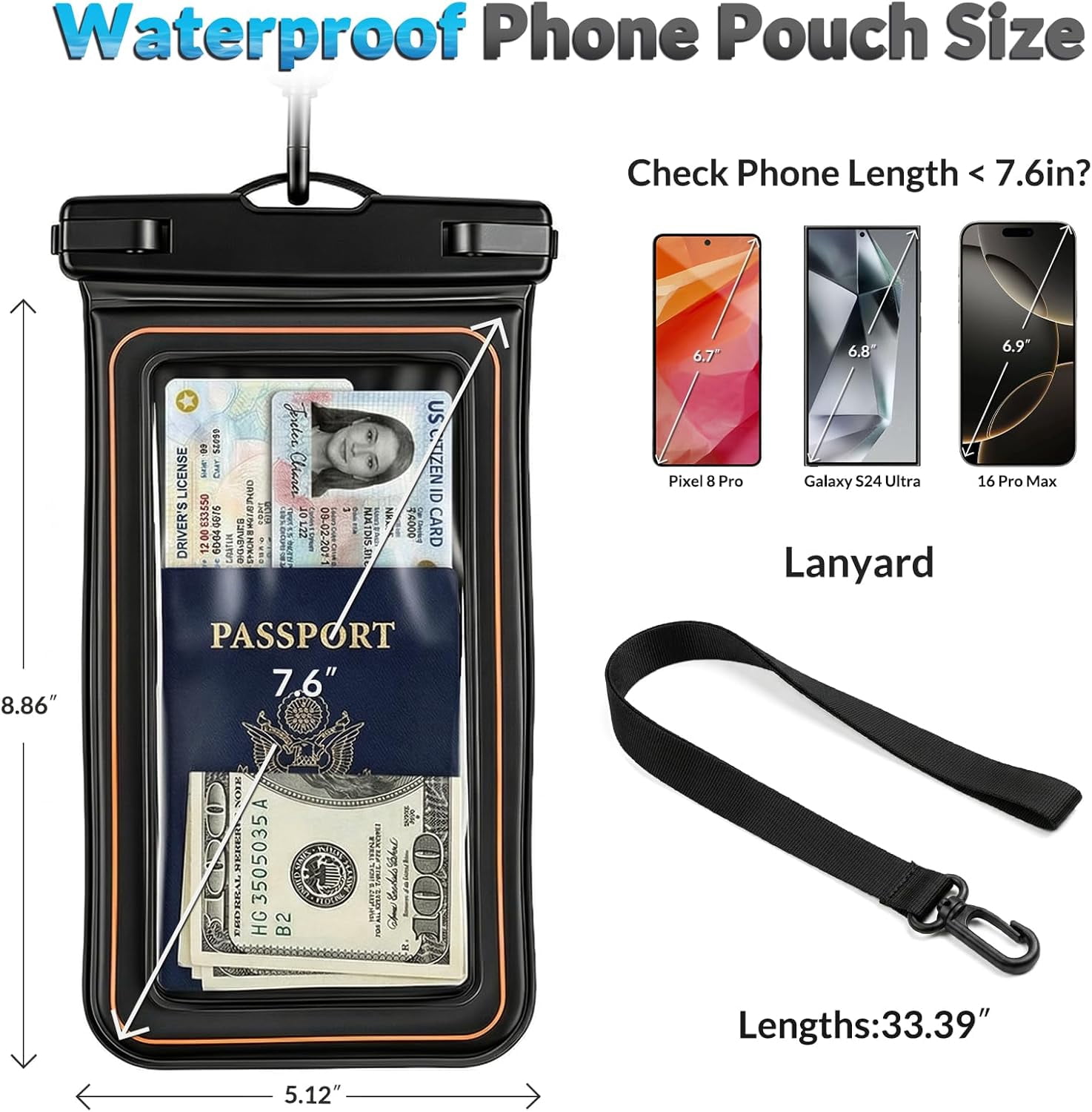 2-Pack Floating Waterproof Phone Pouch with Neck Strap, IPX8 Dry Bag for 7 IN Cellphone, Case, Essential Swim Snorkel Beach Kayak Travel, Touchscreen Friendly (Black Orange)