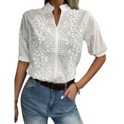 Nlife Women Eyelet Embroidered Cotton Blouse Lace Short Sleeve V Neck Hollow Out Top