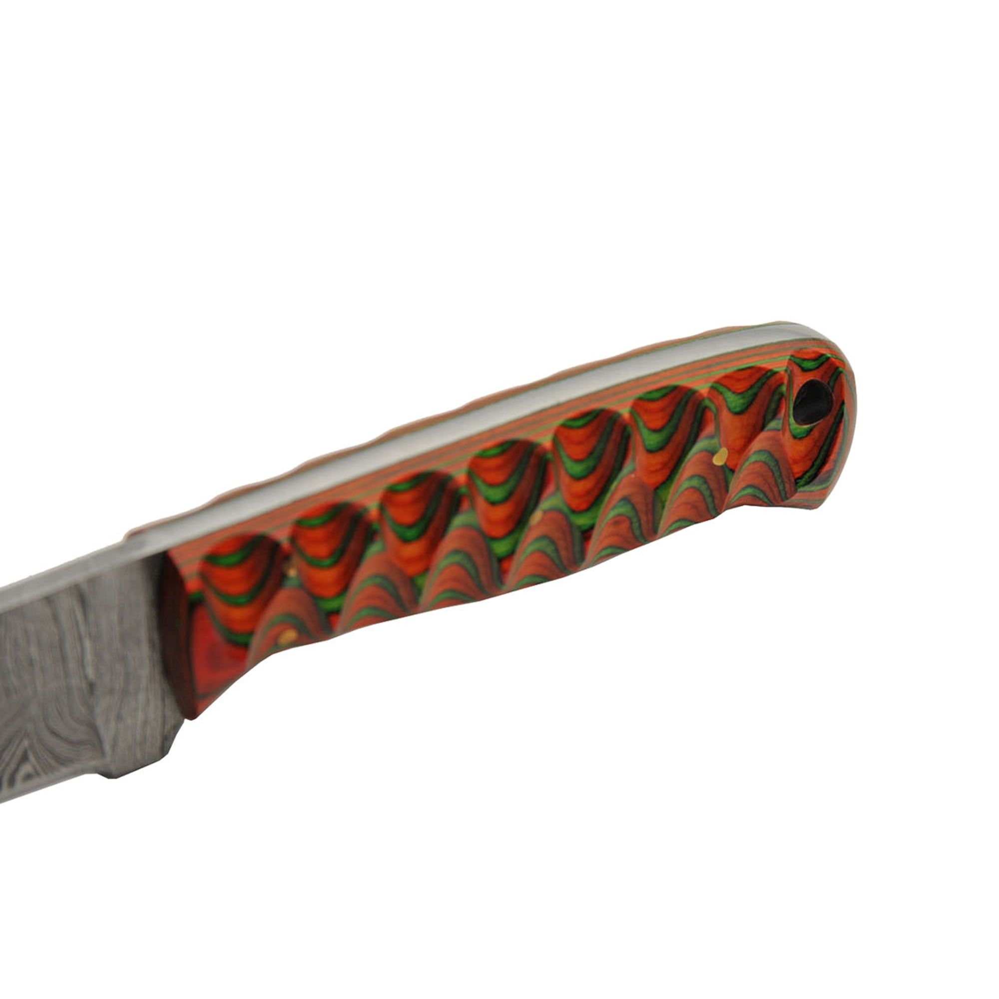 SANZ 8 Inch Exotic Hunter Knife Damascus Steel Blade Full Tang Grooved Wood Handle Lanyard Hole Leather Sheath Outdoor Fixed Blade