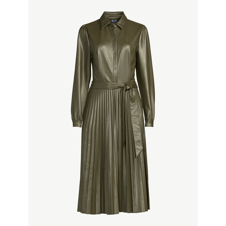 Scoop Women's Faux Leather Pleated Midi Dress, Sizes XS-XXL 