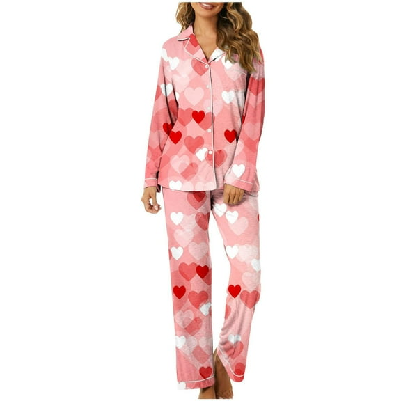Womens Pajama Set Casual Valentines Day Print V Neck Long Sleeve Set Womens Sleepwear,Red,XL