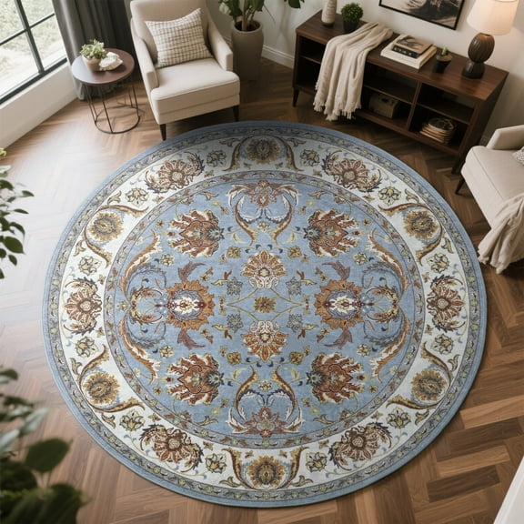 Cydiria Blue Round Persian Medallion Area Rug Floral Pattern Print Low-Pile Carpet for Living Room, 6' x 6'