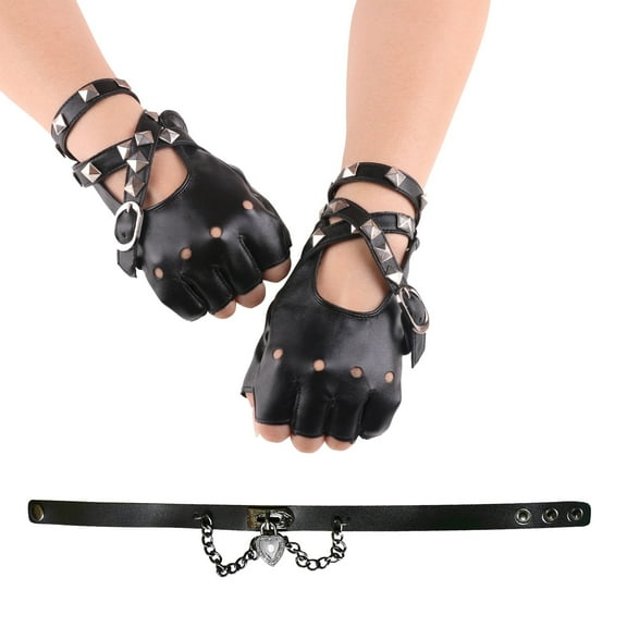 FOLTHBUR Women Fingerless Gloves Choker Rivet PU Leather Gloves and Punk Rock Necklace Set