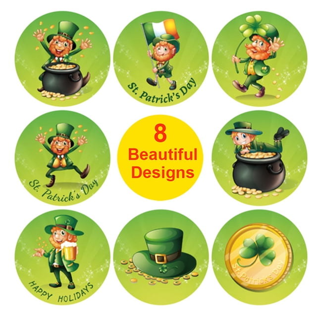 BINGLI Autocollants Trèfle, 500 Pcs Autocollants de la Saint-Patrick pour Enfants Rouleau Vert Trèfle Autocollants 8 Styles pour Fête de la Saint-Patrick Étiquette Enveloppe Décorations Fournitures pour Enseignants 1.5 Pouce