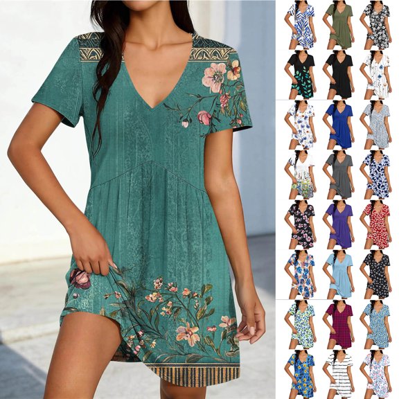Smsaxvxz Women's Summer Dress Fashion Floral Printed V Neck Short Sleeve Sundress Casual Loose Flowy Hem Knee Length T-Shirt Dress Multicolor 01 M