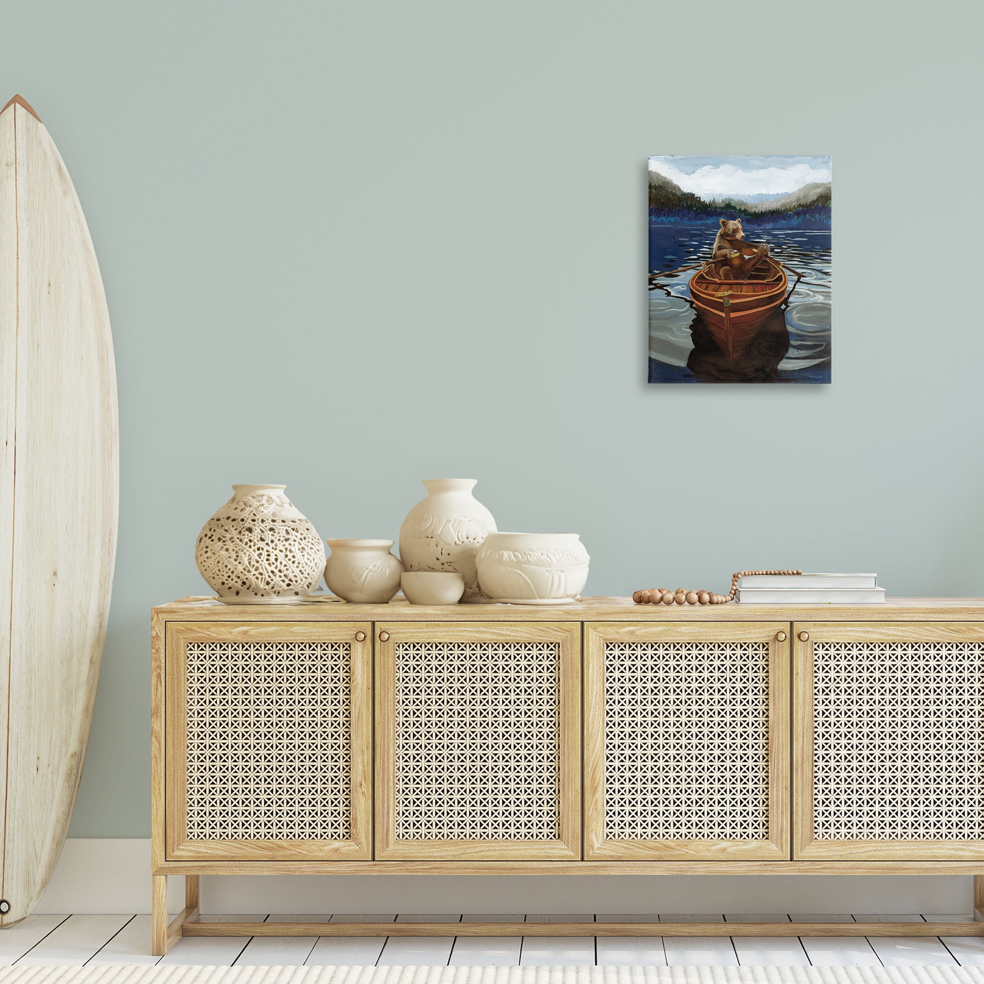 Stupell Industries Brown Bear on Row Boat Animals Painting Wrapped Canvas Art Print Wall Art, 16 x 20