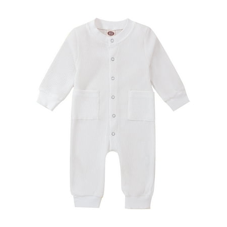

Calsunbaby Infants Newborn Baby Boy Girl Fall Romper Round Neck Long Sleeve Waffle Texture Solid Color Button Down Elastic Cuff Jumpsuit