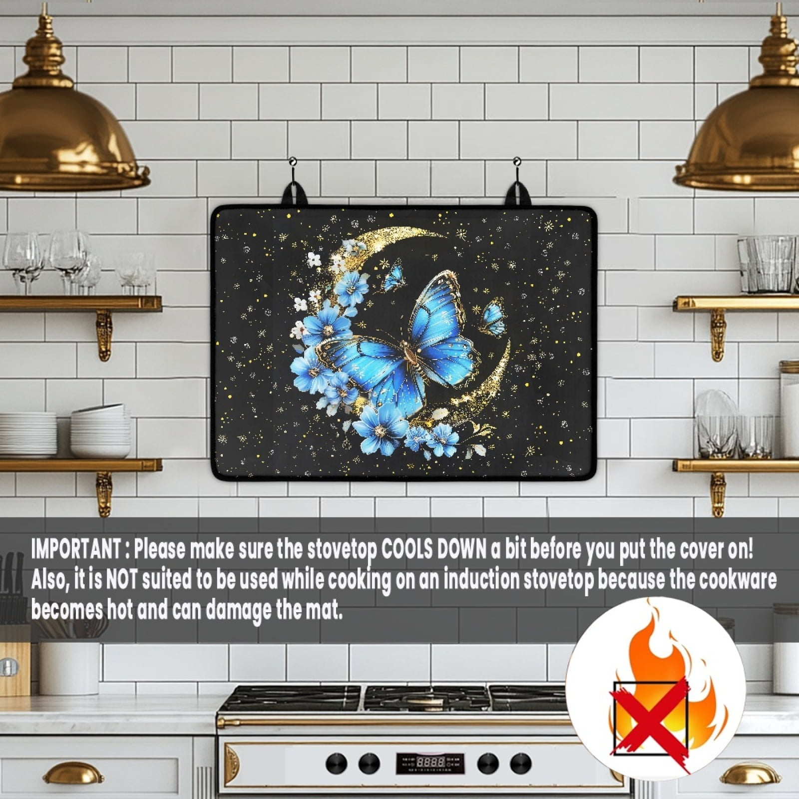 Renewold Stove Top Cover Ceramic Glass Stove Cover Mat Range Cover Versatile Oil Resistant Scratch Resistant Oven Mat Protector Expands Usable Space, Blue Butterfly Moon