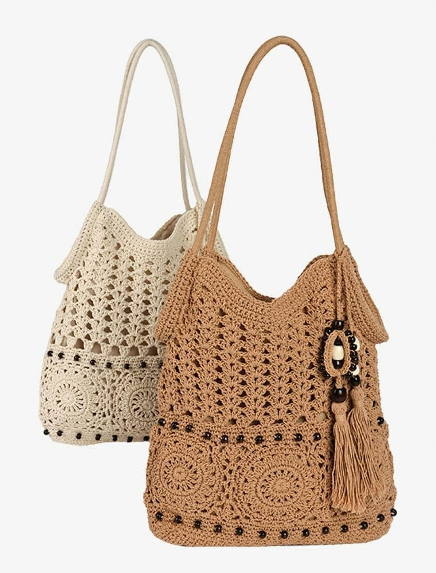 Crochet Hobo Bag for Women Boho Woven Beach Tote Handbags Bohemian Shoulder Purse with Tassels Summer Vacation 2025