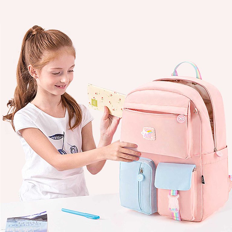 PEXIZUAN kawaii backpack girl school bag waterproof nylon with kawaii  pendant cute pin mini backpack(pink)