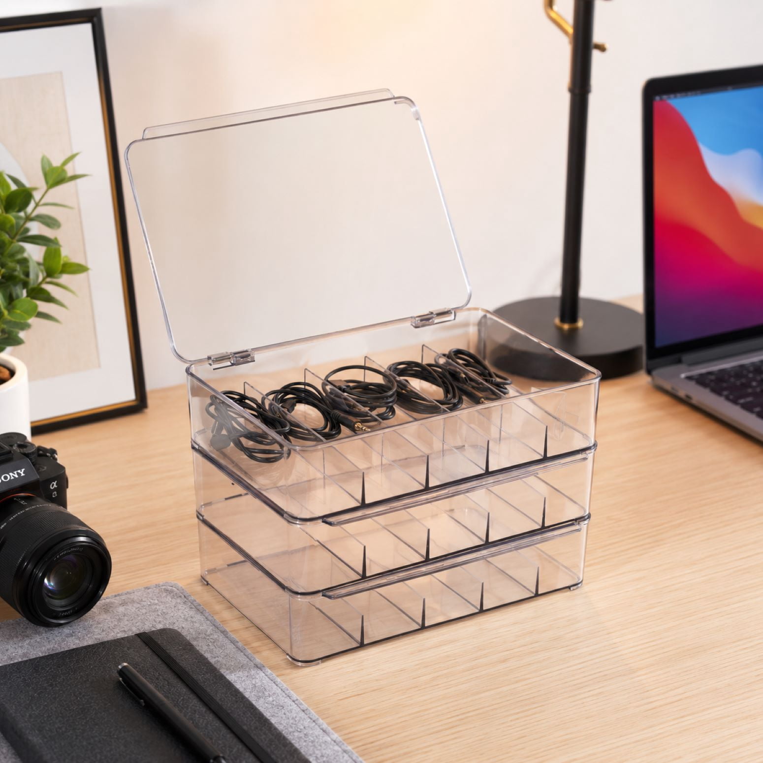 Sorbus Clear Cable Organizer Boxes with Lids, 3 Pack, for Chargers & Accessories