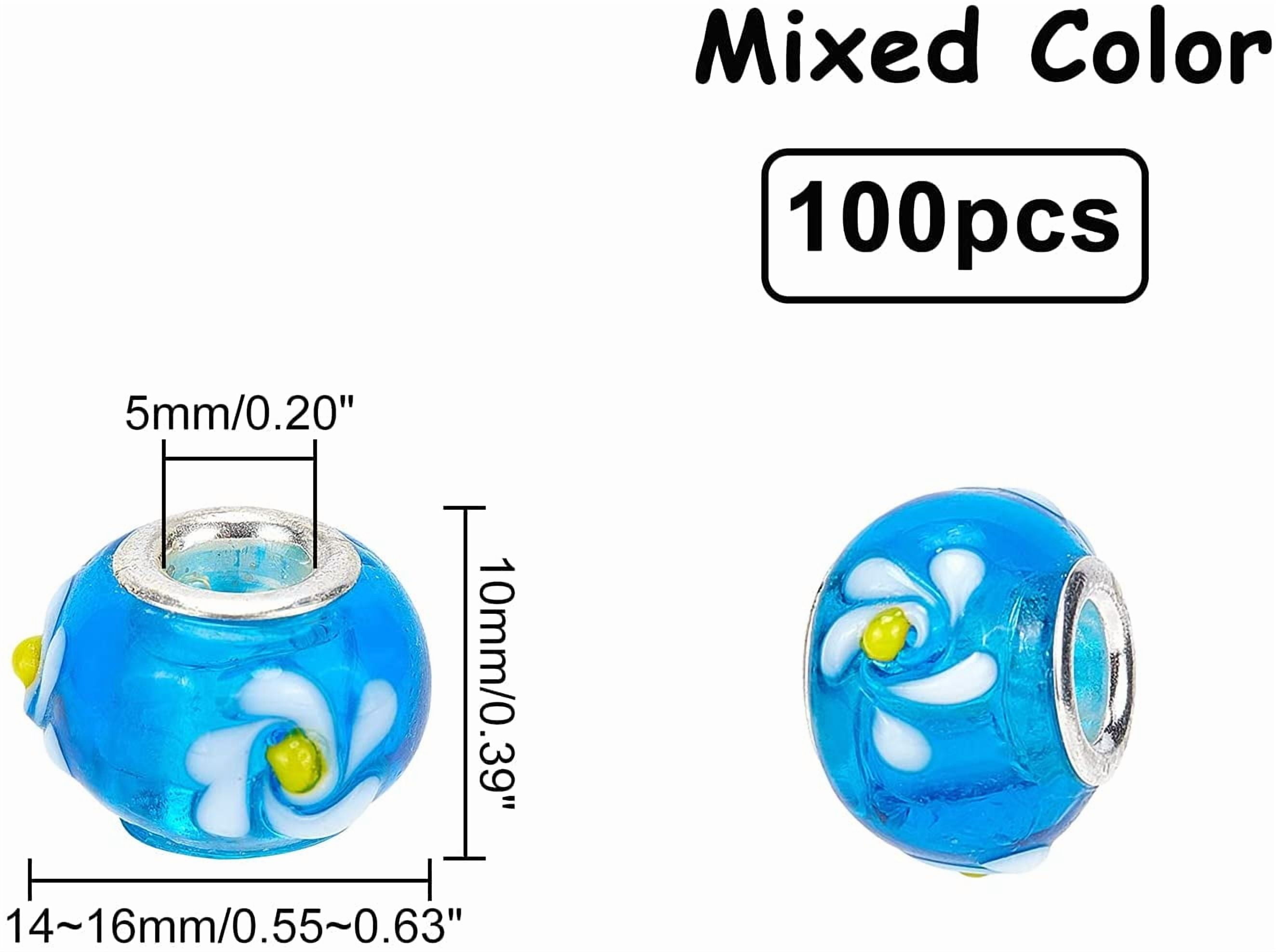 100pcs Lampwork Glass European Beads Large Hole Beads Mixed Handmade Garden Decor Beaded Loose Slide Beads for Bracelet Jewelry Making Yard Patio Plant Pot Flower Decor Hole: 5mm