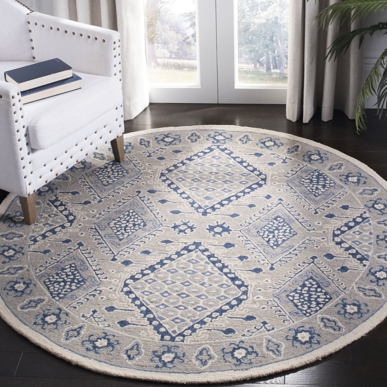 SAFAVIEH Micro-Loop Jolene Geometric Wool Area Rug, Light Grey/Blue, 8' x 10'