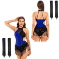 thumbnail image 6 of iiniim Women Sequin Latin Dance Outfits Sleeveless Fringed Ballroom Leotard with Gloves Salsa Tango Dancewear Royal Blue M, 6 of 6