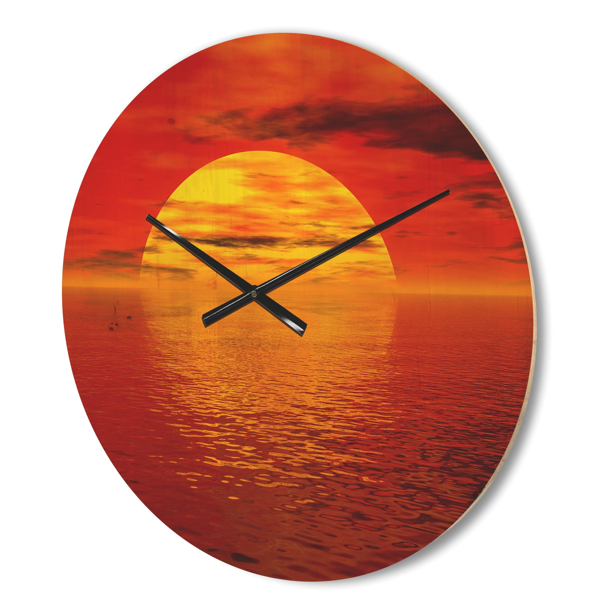 Designart 'Yellow Sun Falling to Red Ocean ' Modern Wood Wall Clock