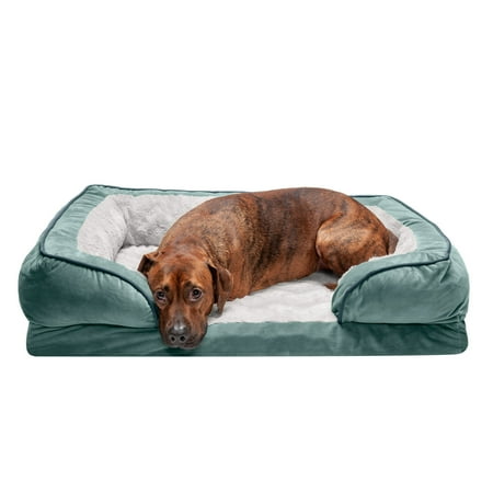 UPC: 0842229119886 | FurHaven Pet Products | Memory Foam Perfect Comfort Velvet Waves Sofa-Style Couch Pet Bed for Dogs & Cats  Celadon Green  Large