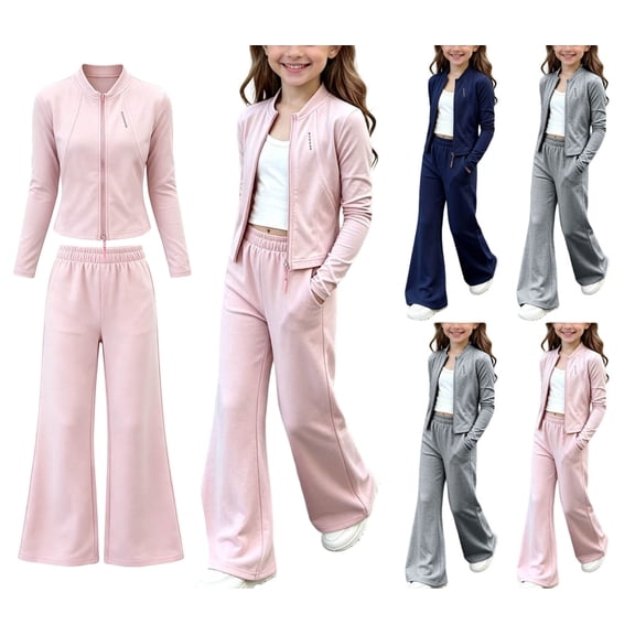 WAVSUF Girls Fall Outfit Sets Long Sleeve Zip Up Jacket and Flare Yoga Pants Casual Sport Clothes 2 Piece Pink 10-12