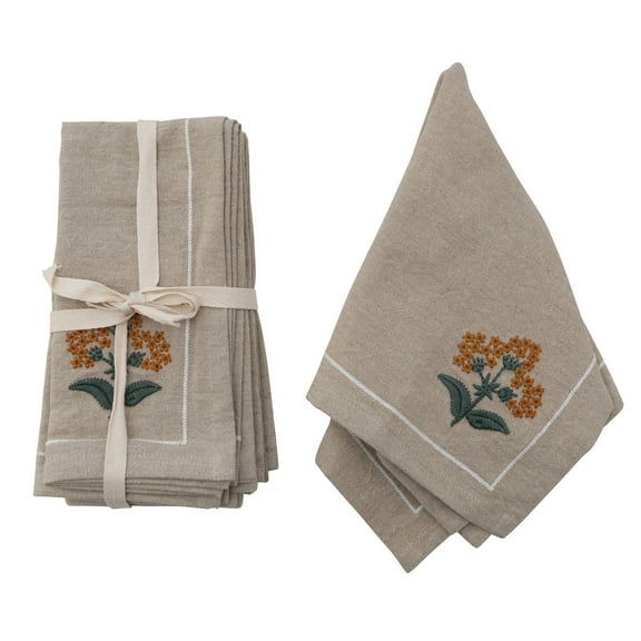 Creative Co-Op Cotton Napkins with Floral Embroidery and French Knots, Set of 4, Multicolor