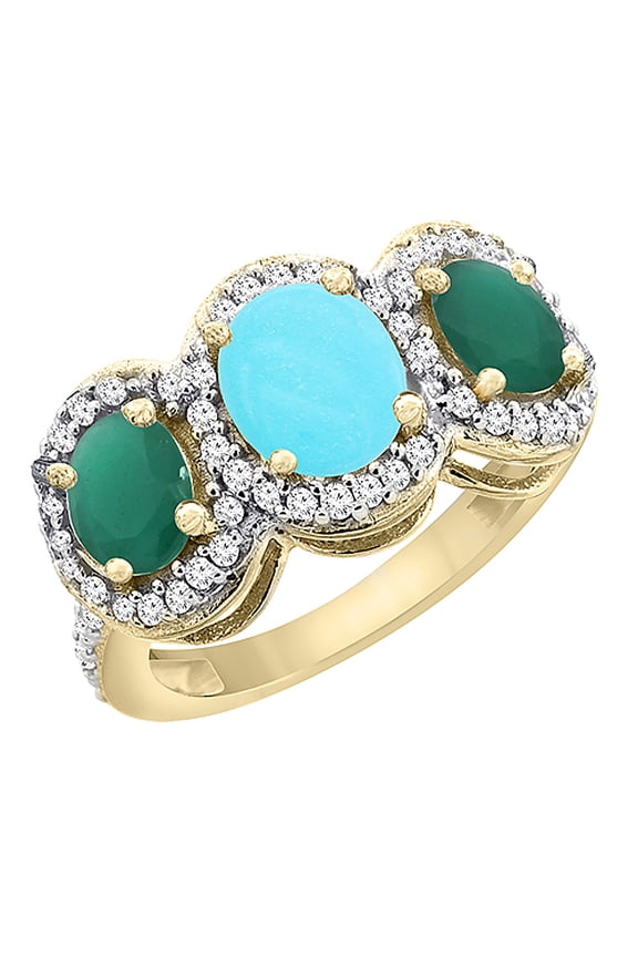 14K Yellow Gold Natural Turquoise & Emerald 3-Stone Ring Oval Diamond Accent, size 8.5